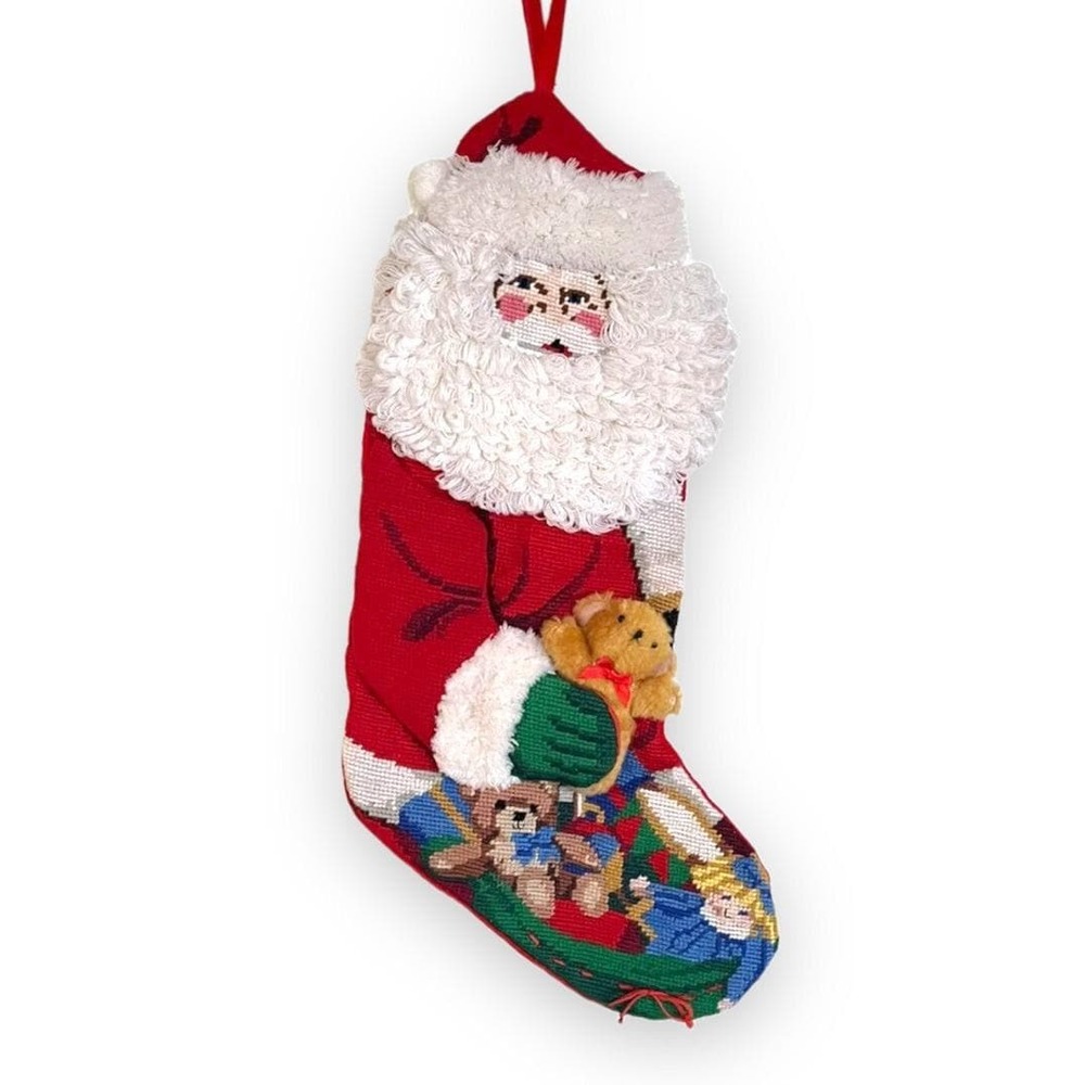 Vintage Needlepoint Christmas Stocking 3D Yarn Beard Santa W/ Teddy Bear Holiday